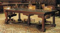 MAHOGANY TABLE: BASE WITH FLUTED LEGS AND CENTER SUPPORT LEG; CARVED EDGES ON OUTSIDE AND TOP